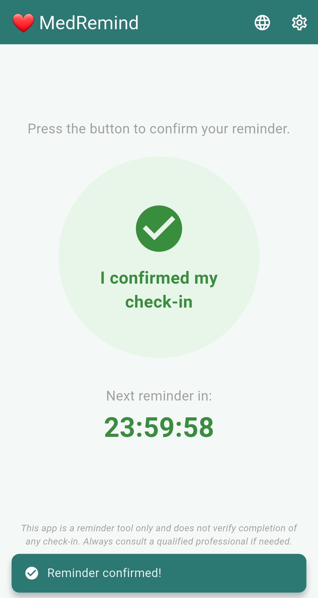 MedRemind Free confirmation screen