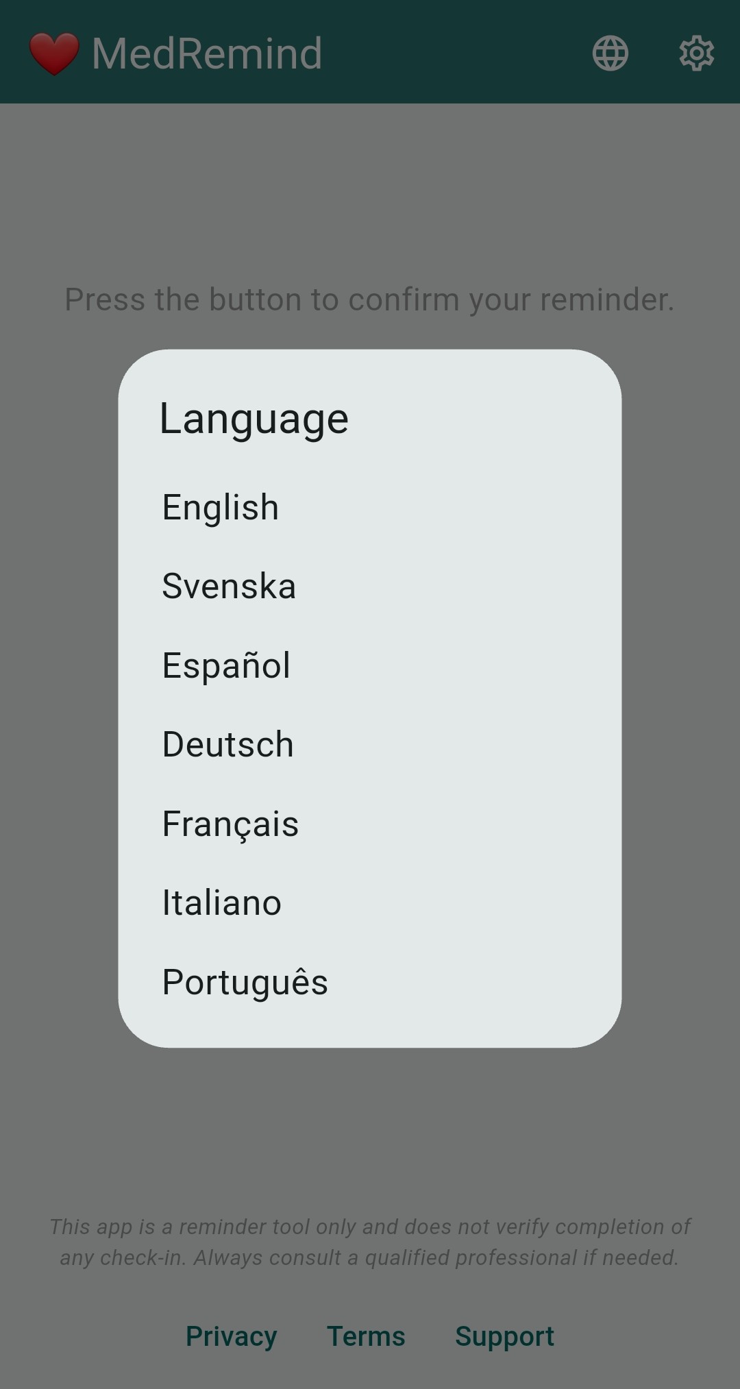 MedRemind Free language selector