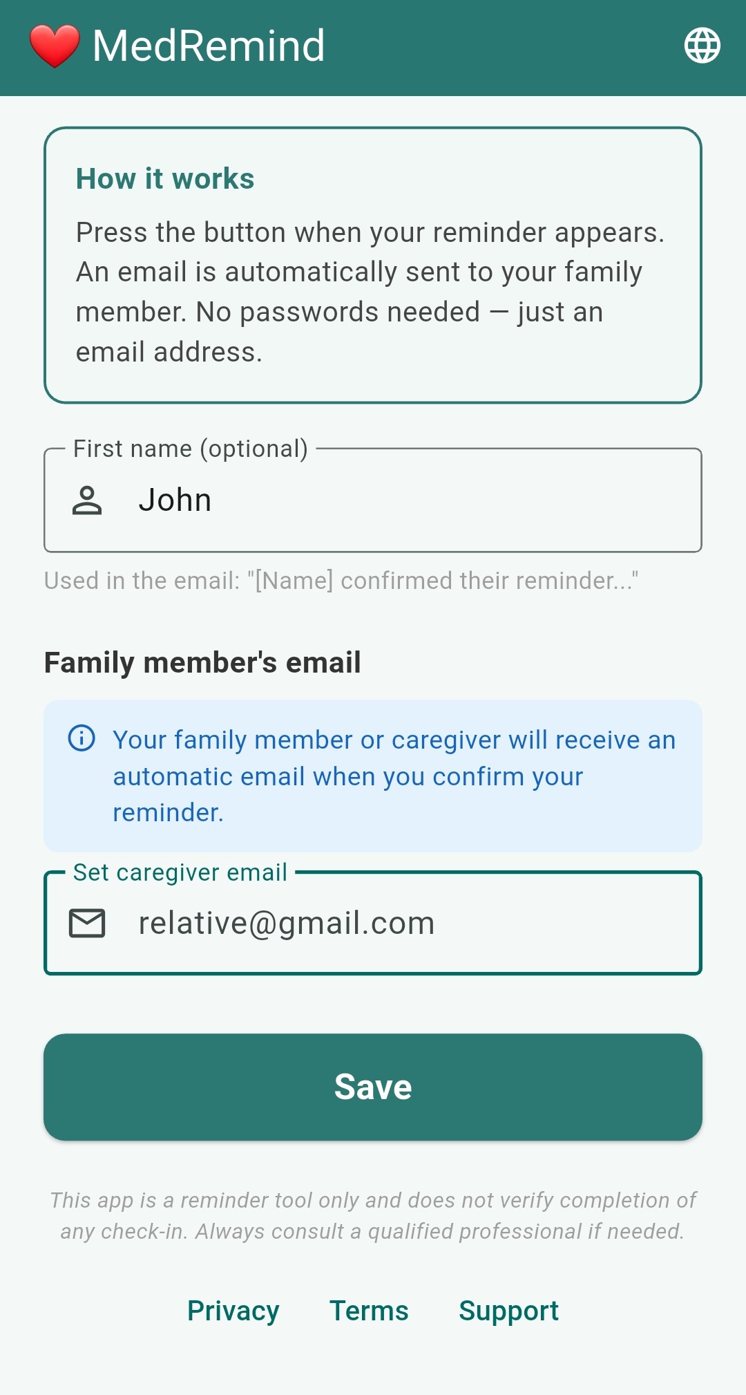 MedRemind Free setup screen