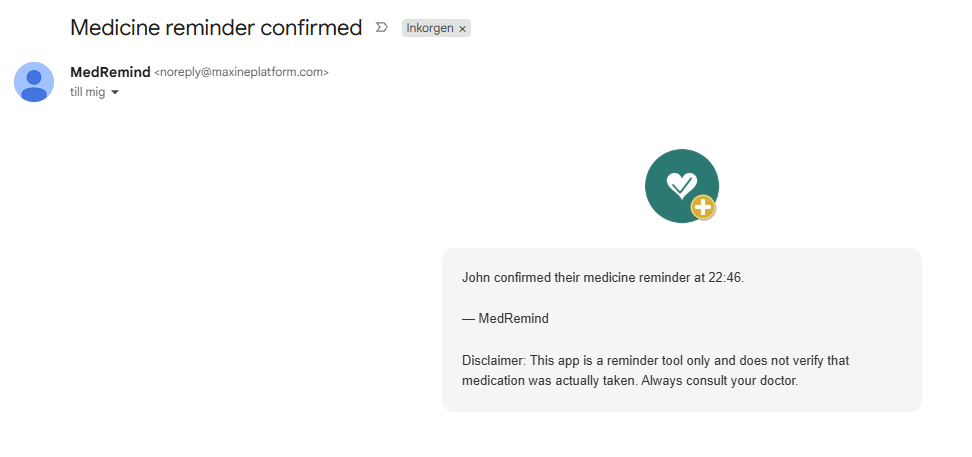 MedRemind family confirmation email preview