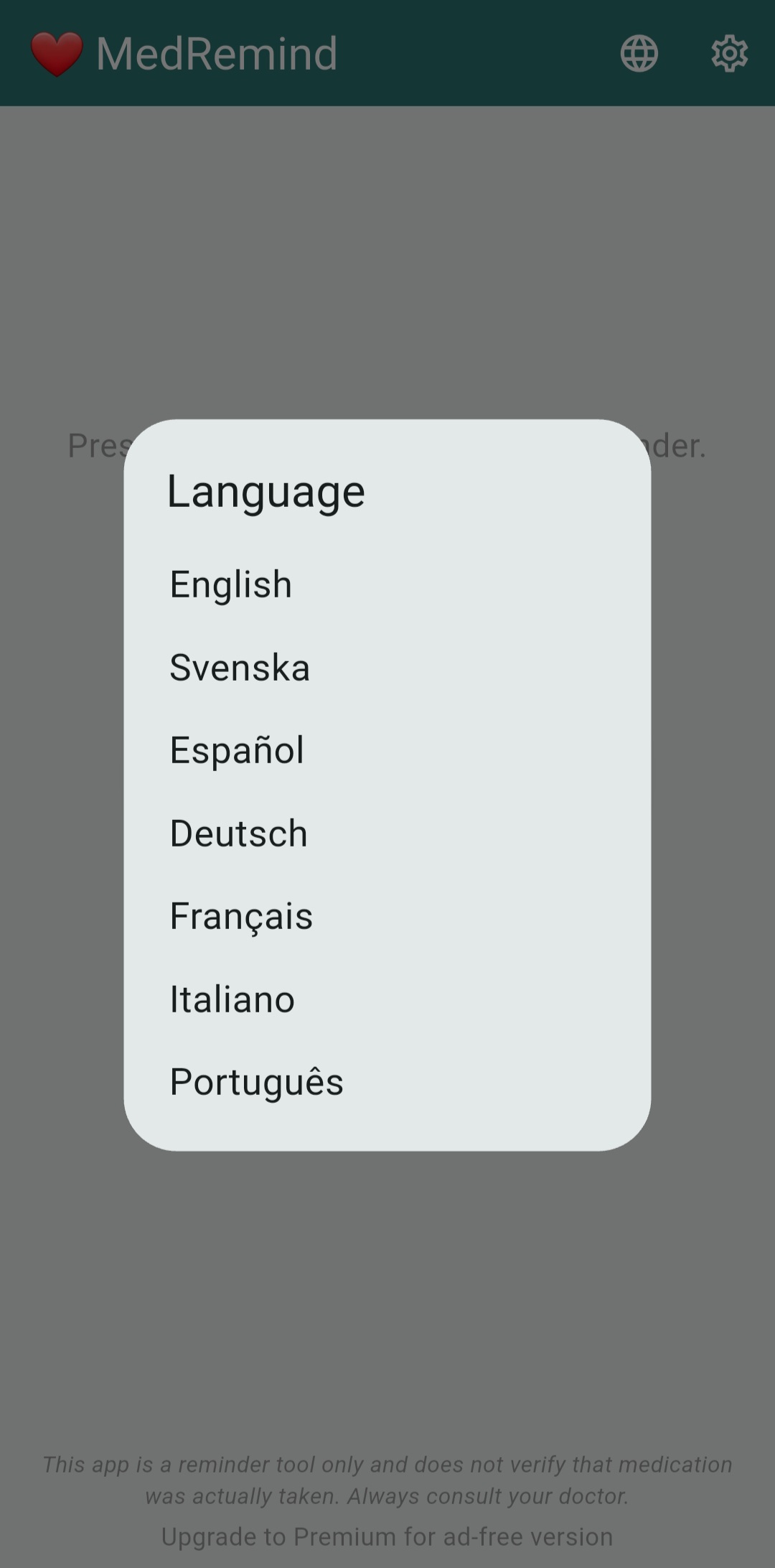 MedRemind language selector