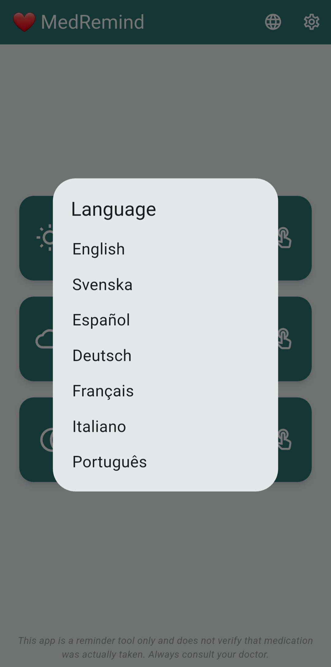 MedRemind Plus language selector