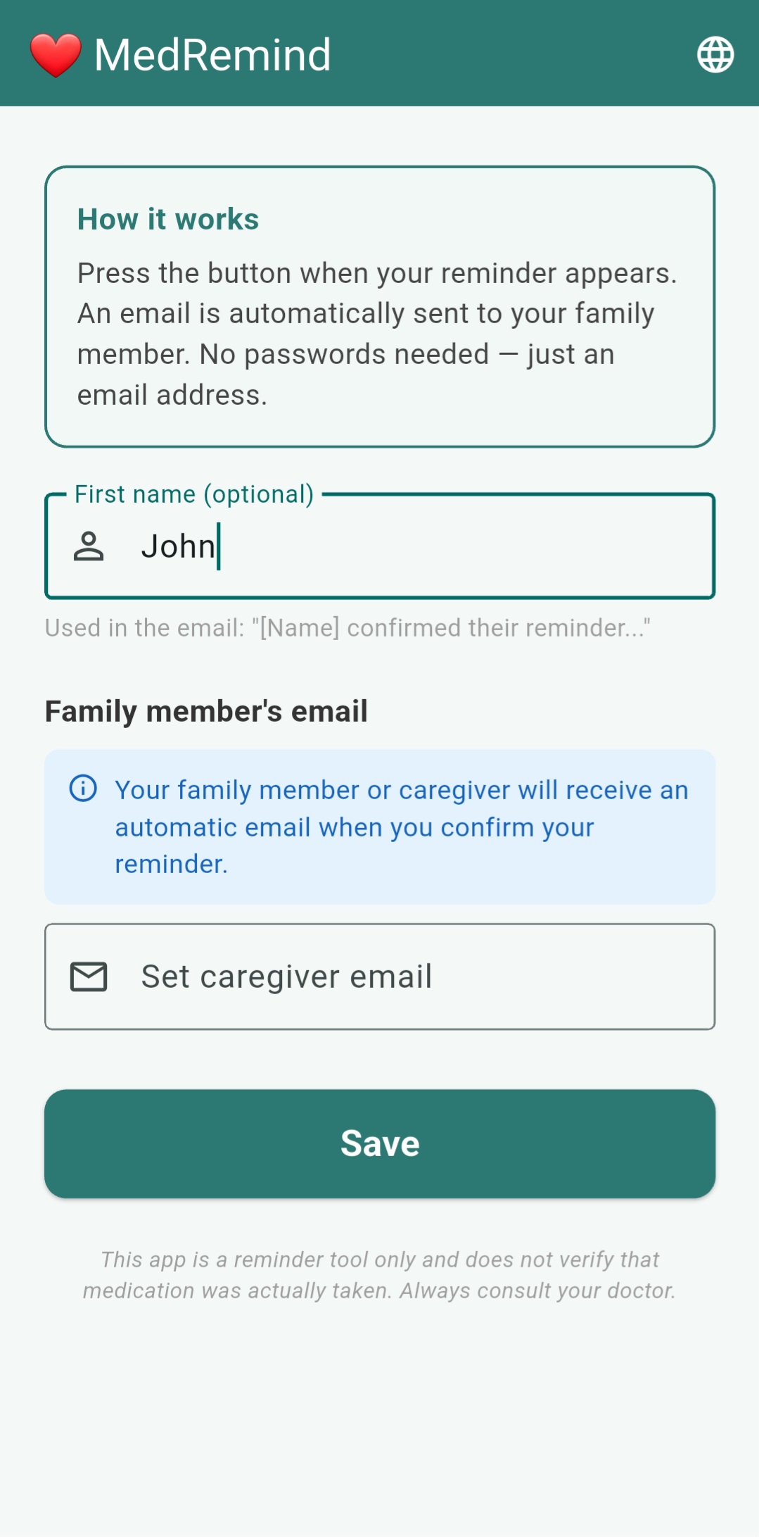MedRemind setup screen with name entered