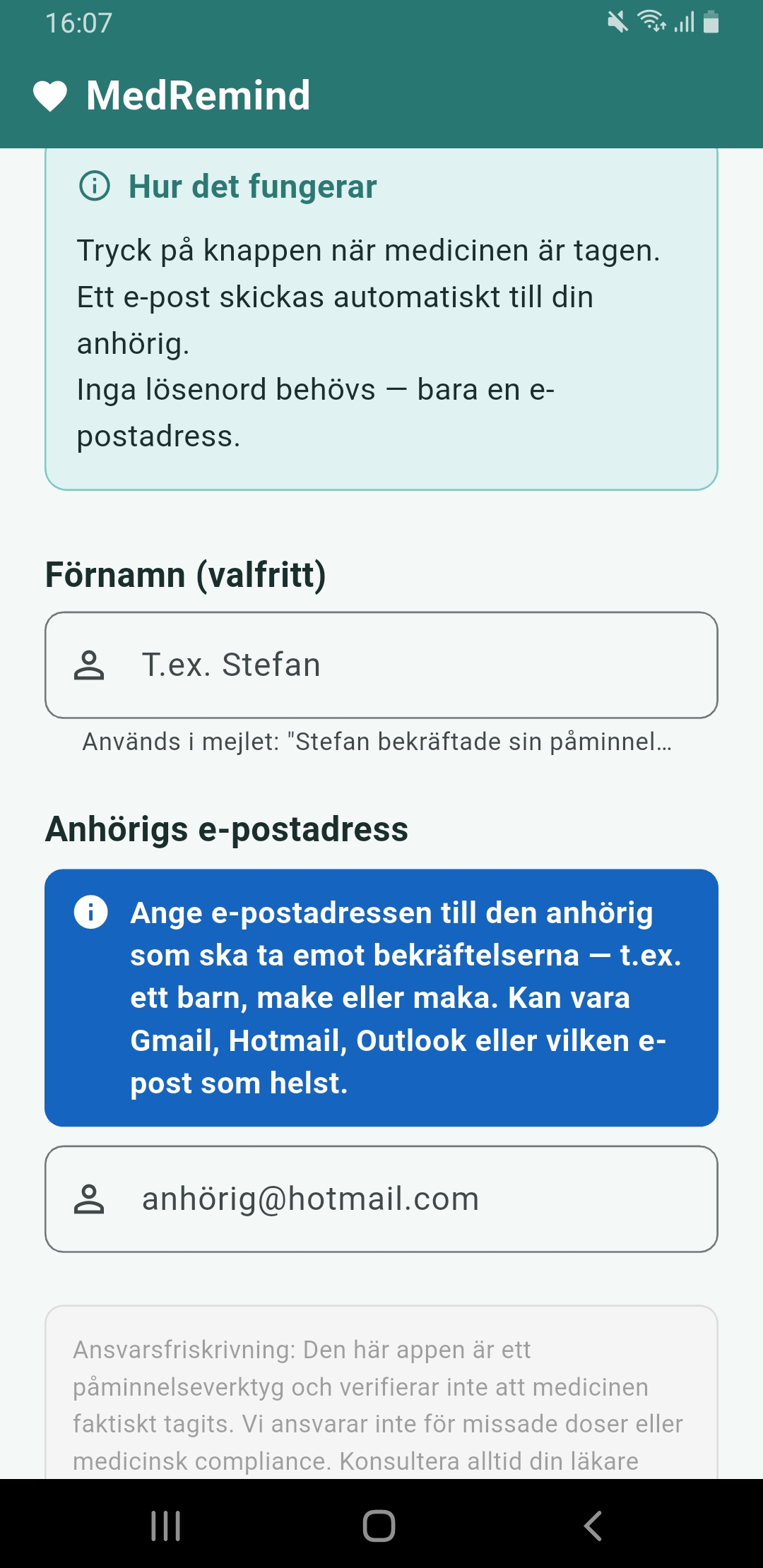 MedRemind home screen